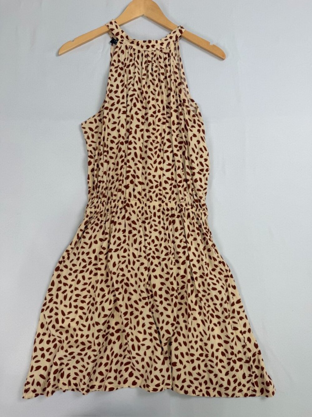 Ceur de Vague Leaf Print Tie Back Midi Dress Women Large Beige Boho